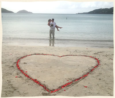 Rose petal heart in the sand.  Virgin Islands Wedding.