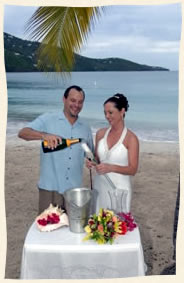 Champagne wedding toast on Magens Beach, St. Thomas.