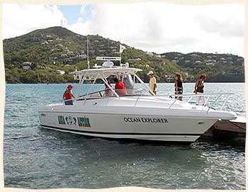 Powerboat transporting wedding party to the dock on Hassel Island