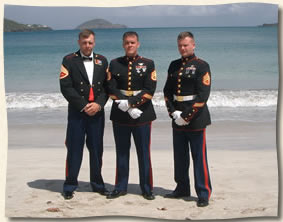 3 very handsome marines at Magens Beach St. Thomas Virgin Islands Wedding