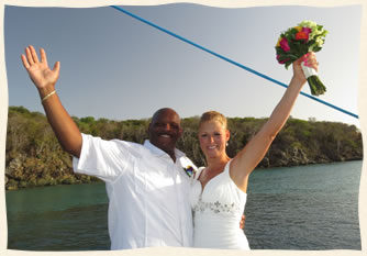Wedding couple celebrating marriage at sea Virgin Islands